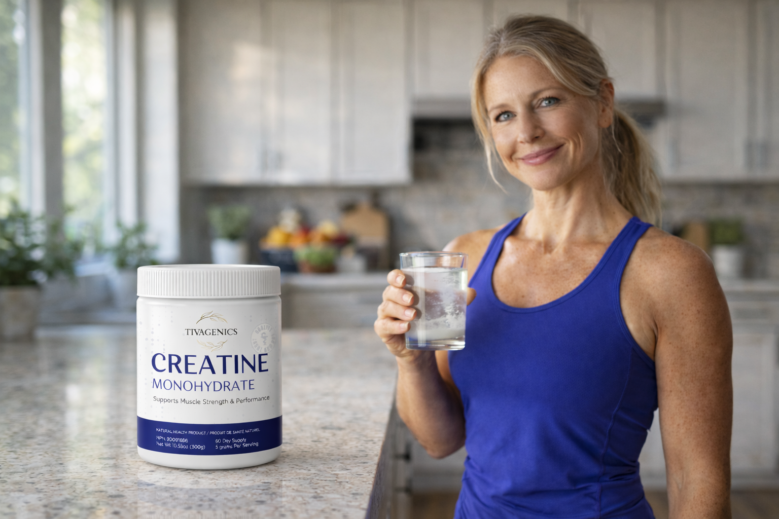 Fit woman in her 50s standing in a bright modern kitchen, holding a glass of water with dissolving creatine powder, with a TIVAGENICS creatine monohydrate container on the countertop in natural sunlight.